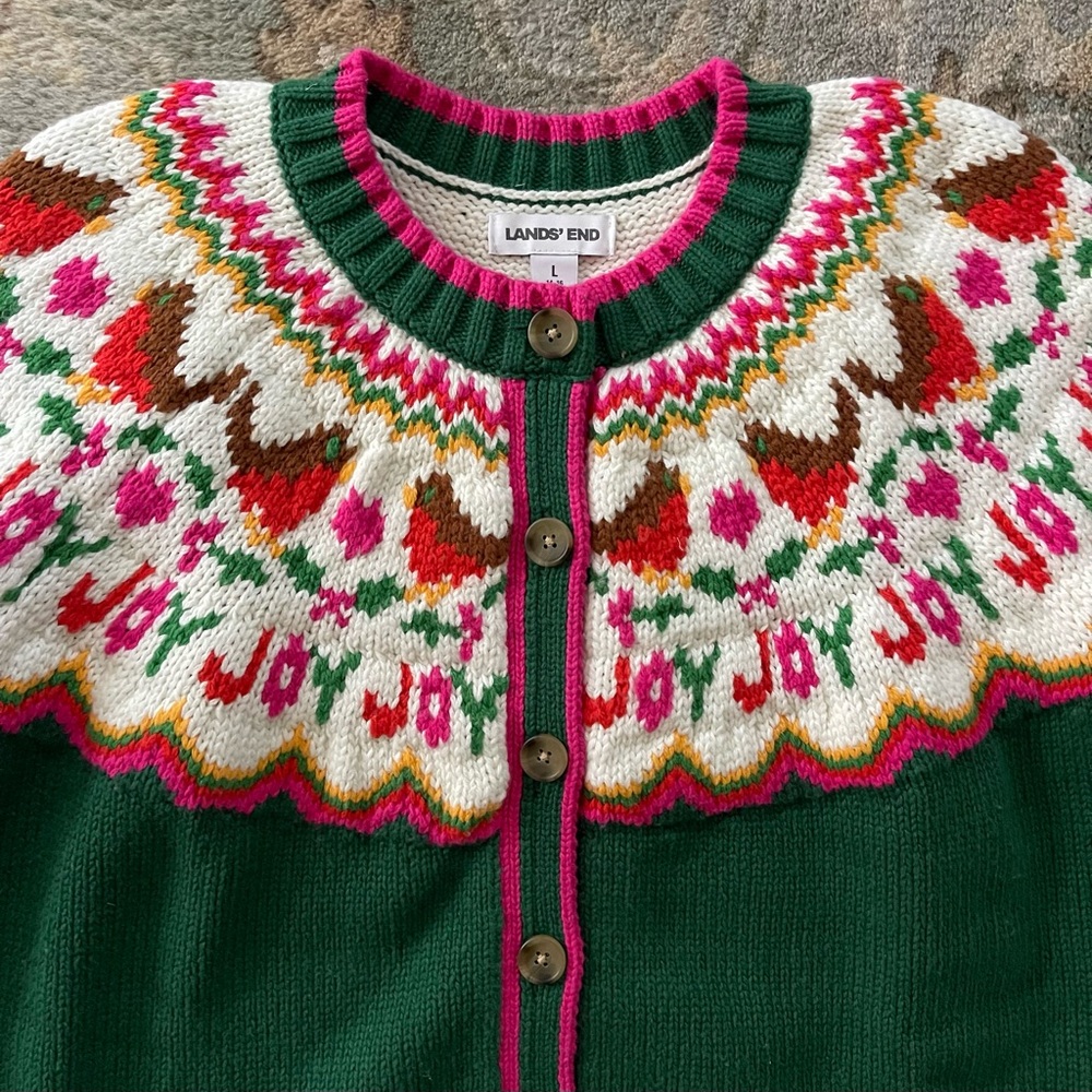 ❌SOLD❌Lands' End Women's Lofty Birdseye Fair Isle Cardigan Sweater Size Large - Picture 6 of 8